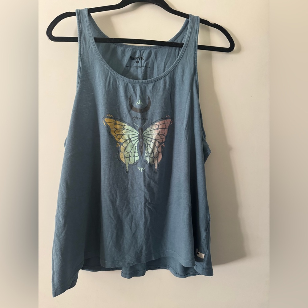 Hurley Women's Blue Tank Top with Butterfly Design